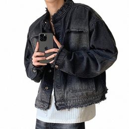 men's Wed Denim Jackets Vintage Casual Short Jean Coat Retro Gradient Cardigan Spring Autumn New Cropped Outwear Streetwear b9lT#