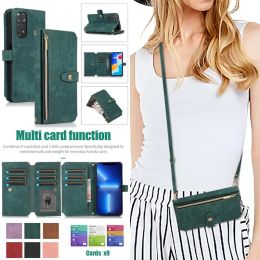 Cases Long lanyard Leather Phone Case For RedMi Note 13 12 12S 11 11S 10 Pro XiaoMi 13T 12T 11T 10T POCO X5 Zipper Wallet Card Cover