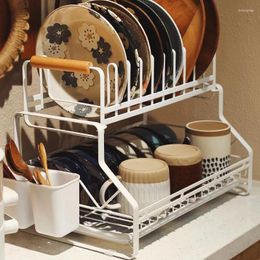 Kitchen Storage Japanese Iron Shelf Double Layers Drain Cutlery Holder Handle Shelves Practical Versatile Plates Stand