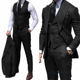 3 Pieces New Black Men's Suit 2024 Peak Lapel Slim Fit Casual Tuxedos Groom Tailor Made Terno Masculino Blazer+Pants+Vest t0px#