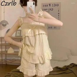 Women's Sleepwear Pajama Sets Women Princess Kawaii Ruffles Age-reducing Comfort Thin Summer Aesthetic Korean Style Loose Solid