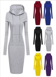 7 Colour S2XL Women Knee Length Casual Hooded Pencil Hoodie Long Sleeve Sweater Pocket Bodycon Tunic Dress Top3685670