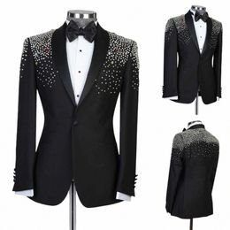 Schwarze Herrenanzüge Maßgeschneiderter einteiliger Blazer One Butt Sheer Revers Perlendiamds Jacke Busin Hochzeit Bräutigam Maßgeschneidert z55B #