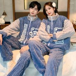 Men's Sleepwear Couple Pajamas Spring Autumn Winter Women Coral Velvet Cartoon Loungewear Flannel Men Padded Warm V-neck Homewear Suit 2024