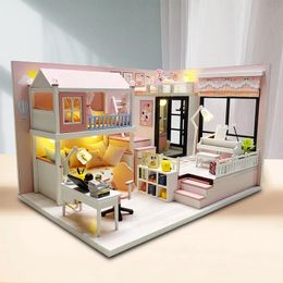 DIY Wooden Princess Room Casa Doll Houses Miniature Building Kits with Furniture Light Dollhouse Toys for Adults Birthday Gifts 240321