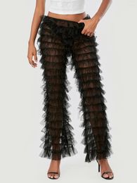 Women's Pants Women Layered Cake Solid Color High Waist Sheer Mesh Tulle Bottoms Loose Long Wide Leg Trousers Streetwear