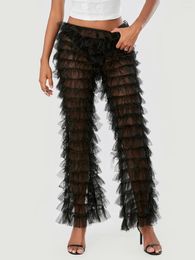 Women's Pants Women Layered Cake Solid Colour High Waist Sheer Mesh Tulle Bottoms Loose Long Wide Leg Trousers Streetwear