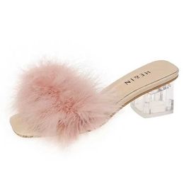 Slippers Slippers 2023 Fluffy Peep Toe Sexy ig eels Women Soes Fur Feater Lady Fasion Wedding Slip-On Pink Square Sandals H240326P10B