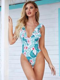 Women's Swimwear NIOIK 2024 One-piece Swimsuit Multicolor Flamingo Print Flashing Bikini