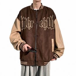 vintage Suede Leather Baseball Jacket Streetwear Hip Hop Men Bomber Jackets Oversized College Style Couples Spring Autumn Coat O6Wz#
