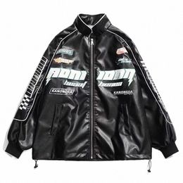 embroidery Leather Jackets Men Women Racing Patchwork High Street Autumn Oversized Y2k PU Baseball Coat Vintage Outwear Couple E4FZ#