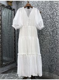 Party Dresses Cotton Long Dress 2024 Summer Bohemian Beach High Quality Ladies V-Neck Lantern Sleeve Casual White Maxi Sun