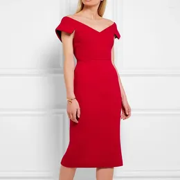 Casual Dresses Women's Red Solid Deep V-Neck Dress Elegant Sheath Party 10004