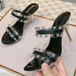 Slippers Design Nightclub Crystal High Heels Rivet Transparent 8cm Feminine Roman Shoes Sandals