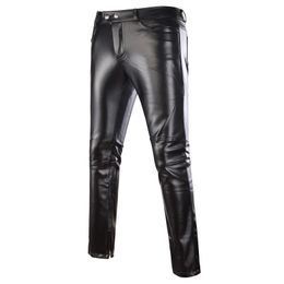 Slim Men PU Leather Pants Male Trousers Tight Motorcycle Punk Zipper Fly Mens Regular Full Length 240315