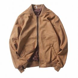 mcikkny Men Suede Leather Baseball Jacket Spring Autumn Solid Color Outwear Coats Vintage Stand Collar 30pE#