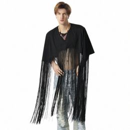 men Cloak Coats Solid Color Tassel O-neck Loose Streetwear Pchos 2024 Fi Casual Male Cape Irregular Trench INCERUN S-5XL z53W#