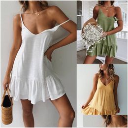 Basic Casual Dresses Mini Summer Dress Strap Off Shoder White Ruffle Plus Size Loose Linen Sundress Y Sleeveless Party Beach Womens Dr Dhjnv