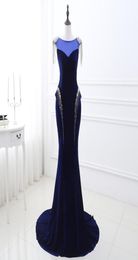 Dubai Arabic Elegant Royal Blue Long Mermaid Celebrity Dresses with Beaded Sequined Velour Red Carpet Dress Formal Evening Party G2491839