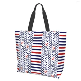 Shopping Bags Blue Nautical Anchor Stripes Retro Rope Navy Red White Lines Canvas Tote Bag For Women Weekend Kitchen Grocery