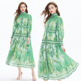 Barock bedrucktes Chiffon-Resort-langes Maxikleid für Damen, Designer-elegante Strickjacke mit grünen Knöpfen, Hemden, Kleider, Stehkragen, Damengürtel, lässige Strandparty-Kleidung
