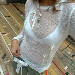 Women's T Shirts Fashion Women Knitted Asymmetric Long Sleeve O Neck Knitting Shirt Tops Cute Lady Bow Knot Transparent T-shirt Summer