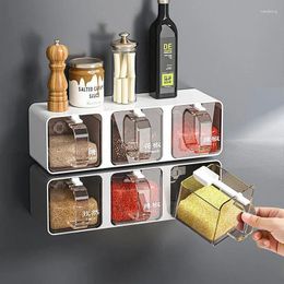 Storage Bottles Wall Mount Seasoning Organiser Box Set Salt Shaker Spice Rack Compartment Sugar Container Jar With Spoon For Kitchen