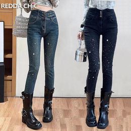 Women's Jeans ReddaChic Star Y2k Rhinestone Denim Pencil Pants For Women Slim Fit Wash Blue Black 90s Retro Trousers Korean Streetwear