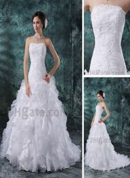 Real Actual Image Aline Wedding Dresses Court Train Organza Ruffles Strapless Lace Appliques Gowns DHYZ 024511111