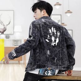 Jeans Coat for Men with Hole Yellow Print Ripped Denim Jackets Man Joker Y2k Price Stylish Korea Big Size Fashion L Large 240319