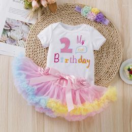 Clothing Sets Baby Girl Birthday Clothes Set Short Sleeve Letter Print Romper Colourful Tulle Frill Skirt Flower Headband 0-24Months