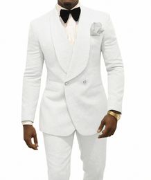 custom Made Groomsmen White Pattern Groom Tuxedos Shawl Lapel Men Suits 2 Pieces Wedding Best Man Jacket+Pants+Tie C922 81q0#