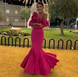 Hot Fuchsia Women Evening Pagent Dress 2024 Ruffle Edge Wave Floor Length Satin Mermaid Prom Party Gowns Robe De Soiree