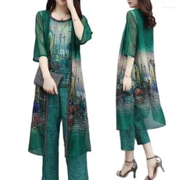 Women's Two Piece Pants Fashion Suit 3-Piece Set 2024 Spring Summer Clothes Chiffon Printed Cardigan Top Cropped Casual Suits Female