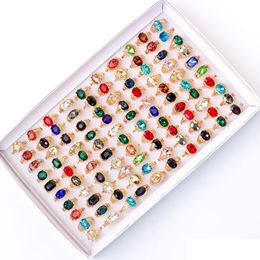 Band Rings Wholesale 50 Pieces/Lot Fashion Glass Crystal Imitation Gemstone For Women Gold Colour Geometric Jewellery Party Gift Drop De Otgqi