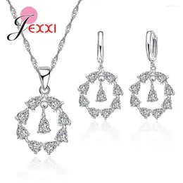Necklace Earrings Set 925 Silver Needle Round Clear Austria Crystals Drop Pendant Bridal Wedding Jewellery