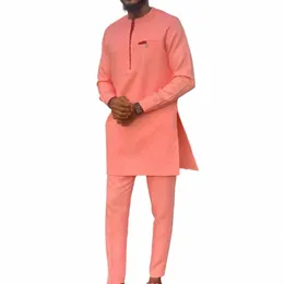 2024 Kaftan Elegant African Style Men's Suit Pink Lg Sleeve Simple Shirt and Casual Pants 2 Piece Set Wedding Men's Costumes E1fg#