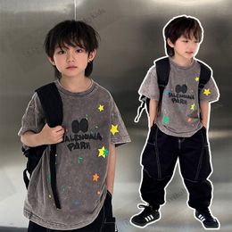 Summer boys letter printed T-shirt kids Colourful stars pattern short sleeve Tees 2024 fashion children vintage casual tops Z7364