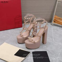 Sandals 2024Leather Waterproof Table Super High Heels Summer Peep-toe Fashion Riveted Square Heel 15.5cm Sky-high Women's