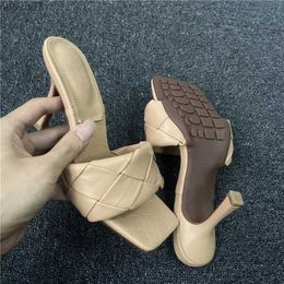 Sandals 2023 Luxury Designer Slide Womens 9cm High Heels Mule Summer Sandals Copy High Heels Slide Prom Platform Woven Leather ShoesL2403