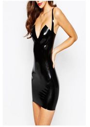 100 Pure Latex Sexy Dress for Women Mini Package Hip Deep V Collar Dress Rubber Fetish Party Wear3573585