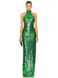 Casual Dresses Elegant Evening For Women Luxury Sexy Green Halter Backless Sequines Maxi Long Birthday Celebrity One Piece Gala Gowns