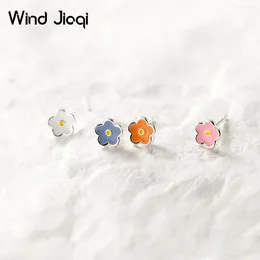 Stud Earrings Real 925 Sterling Silver Asymmetric Color Flowers Mini Small For Women Student Simple Cute Gift Daily Wear Jewelry