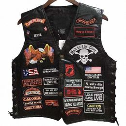 men's Motorcycle Leather Vests Short Single Breasted 42 Patches Fi Embroidered Sleevel Jacket Punk Vest for Men H40e#