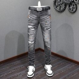 Men's Jeans Streetwear Fashion Men Retro Black Gray Stretch Skinny Fit Painted Ripped Patched Designer Hip Hop Brand Pants