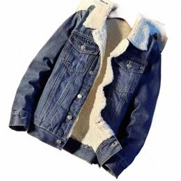 plush Lining Denim Jacket Male Warm Fleece Stylish Pockets Butts Jean Outerwear Winter Men Jean Jacket p1JT#