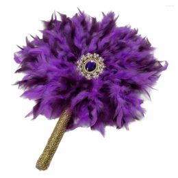 Decorative Figurines 2024 Purple Feather Wedding Hand Fan Held For African Eventaille Mariage Decoration Handmade Feathers