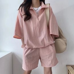 Solid Womens Sports Suit TurnDown Collar Half Sleeve Tops And High Waist Shorts Two Piece Set Female Summer Outfit 240327
