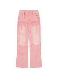 Women's Jeans Y2K Gradual Distressed Frayed Tassels Goth Pink Denim For Women Girls Spring Sew Folding Aesthetic Grunge Pants Trousers