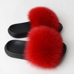 Slippers Slippers Fur Summer Womens Real Fox Slides Ome Furry Flat Sandals Non slip Fluffy Flip Cap Cute Plus Soes H240326WL3A